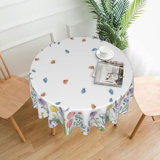 Spring Floral Round Tablecloth 70 Inch, Tulip Lavender Flower Decorative Tablecloths Stain Resistance Polyester Beautiful Flower Table Cloth for Holiday Parties Kitchen Dining Indoor Outdoor