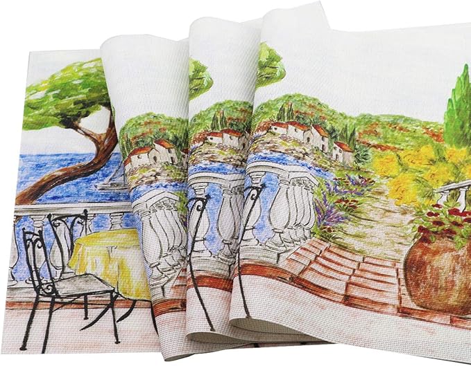 Gugrida Placemats Set of 6 Plaid Checkered Colorful Landscape PVC Placemat for Dining Table Durable Woven Vinyl Stain tablemats 18"X12"