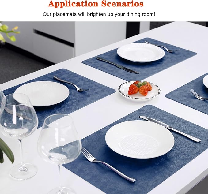 Vinyl Placemats Set of 4 Heat Resistant Easy Clean Non-Slip Place Mats for Dining Table. Faux Leather Waterproof Stain Resistant Wipeable Washable PU Table Mats(4, Blue)