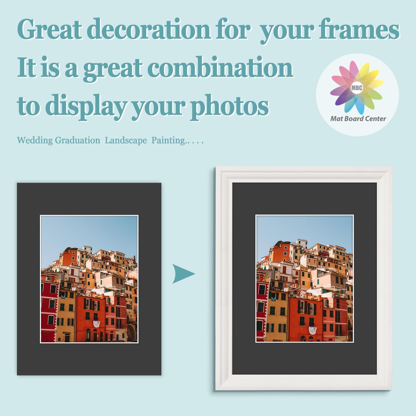 MBC Mat Board Center, 10 Pack 12x16 for 8.5x11 Black Picture Mats Frame Mattes, Bevel Cut, Acid Free, 4-ply Thickness