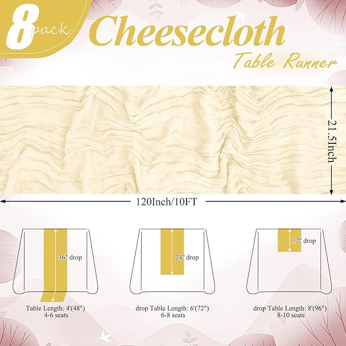 8 Packs Cheesecloth Table Runner 10FT Long Boho Gauze Fabric Table Runner Vintage Rustic Sheer Runners for Wedding Party Bridal Baby Shower Table Decorations (Ivory )