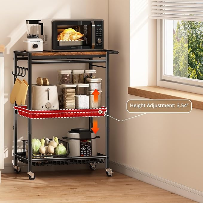 Microwave Kitchen Cart with Push Handle, 3 Tier Rolling Cart with 2 Lockable Wheels, Vintage Kitchen Storage Cart with 210Lbs Capacity for Kitchen Island, Restaurant, Coffee Bar, Living Room, Office