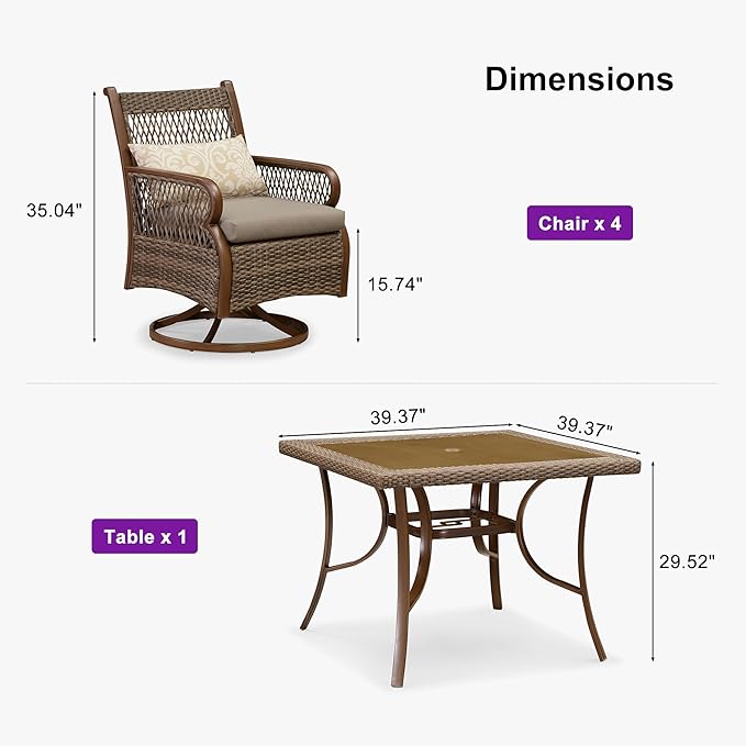 PURPLE LEAF Outdoor Dining Set for 4 All Weather Wicker Patio Dining Set with Hand-Woven Rattan Swivel Dining Chais and Rectangular Aluminum Table for Balcony Porch Small Patio