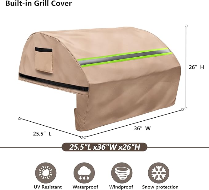 Built in Grill Cover for Lynx 36-Inch - Heavy Duty 600D Waterproof with Reflective Strips and Plush Lining,Protects The Built in Grill While Enhancing its Visual Appeal,25.5''L x 36''W x 26''H,Khaki