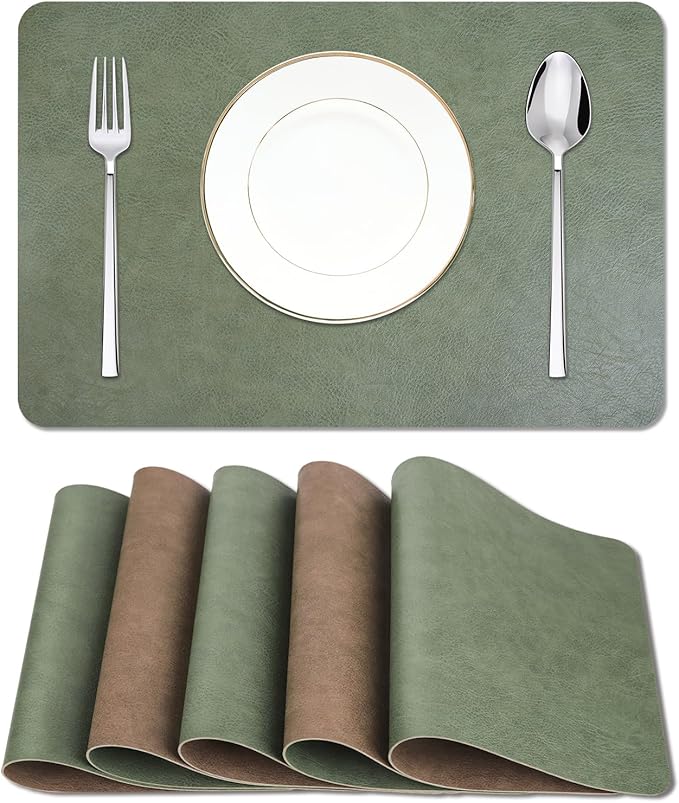Cowhide Pattern Faux Leather Placemats Set of 6,Heat Resistant Non-Slip Waterproof Wipeable Washable Kitchen Dining PU Table Place Mats,Double-Sides Available,Green Brown