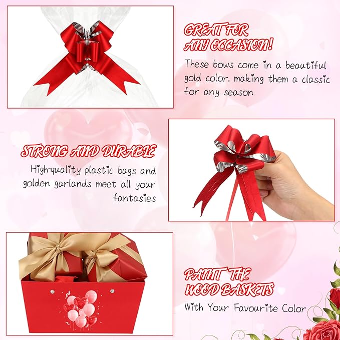 PerKoop 24 Pack Baskets for Gifts Empty Bulk 6.5 x 9.8'' Thick Kraft Gift Basket with Bows and Bags Empty Gift Baskets for Valentine's Day Easter Birthdays Wedding Snacks Farmers Market(Red)