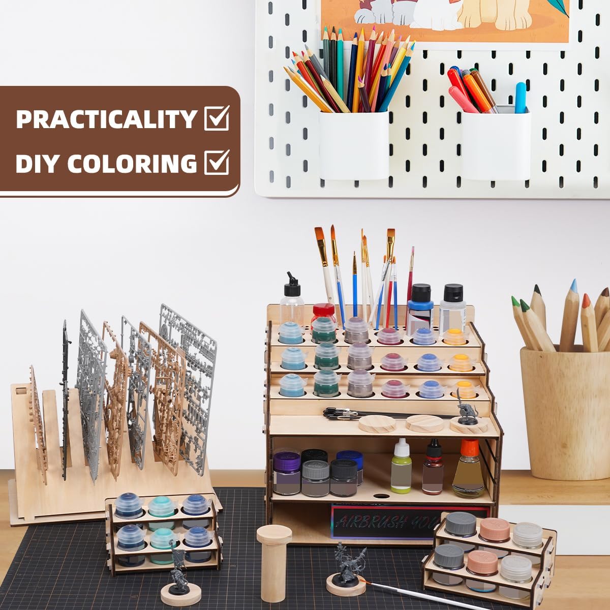 Model Paint Holder with Adjustable Storage, Wooden Miniature Model Paints Organizer for 36 Paint Holes and 36 Holes of Painting Brushes wtih Model Pieces Shelf