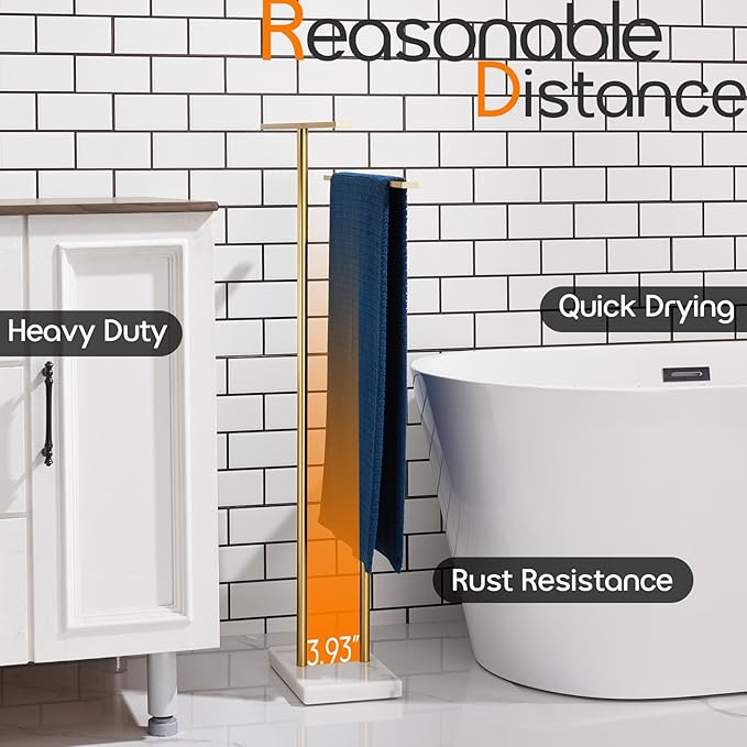 Standing Towel Rack for Bathroom 2-Tier Towel Holder Free Stand with Heavy Marble Base Gold Thicken Steady Design Stainless Steel AN7001GD
