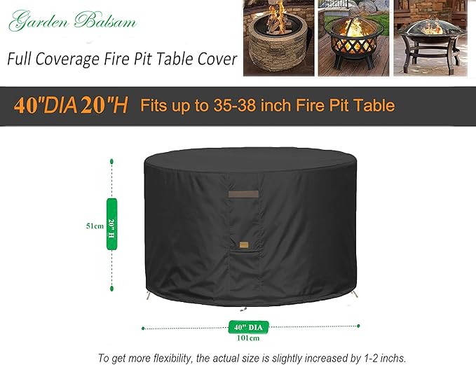Fire Pit Cover 600D Heavy Duty Waterproof Fabric With PVC Coating Round 40" Dia x 20" H Black Fits 35-38 inch Fire Pit Table Fade Resistant Outdoor Firepit Cover