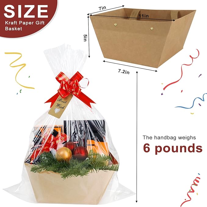 Bigger Baskets for Gifts Empty, 6 Pack Sturdy Kraft Basket With Handles Gift Basket Kit, 6 Shrink Wrap Bags, 6 Bows and Hang Tag, Empty Gift Baskets to Fill for Valentines Birthday Baby Shower