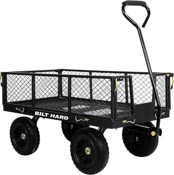 BILT HARD 880 lbs 10" Tires Steel Garden Cart with 180° Rotating Handle and Removable Sides, Heavy Duty 4 Cu.Ft Capacity Utility Garden Carts and Wagons, Black