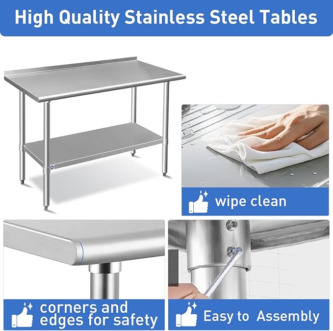 Stainless Steel Table for Prep & Work with Backsplash 24x72 Inches