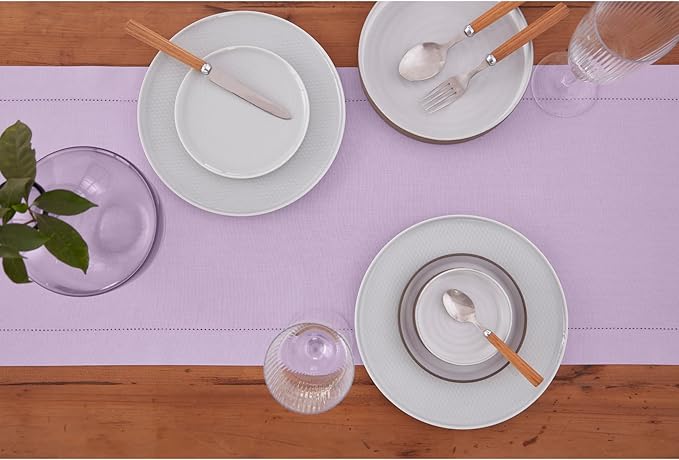 Solino Home Table Runner 108 Inches Long - Cotton Linen Hemstitch Lavender Ice Table Runner 14 x 108 Inch for Valentines, Spring, Easter