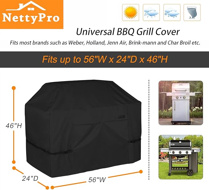 NettyPro Grill Cover Heavy Duty Waterproof 56 inch, Outdoor 2-3 Burners Gas BBQ Cover for Outside Weber, Char-Broil, Brinkmann, Nexgrill Barbecue, Black