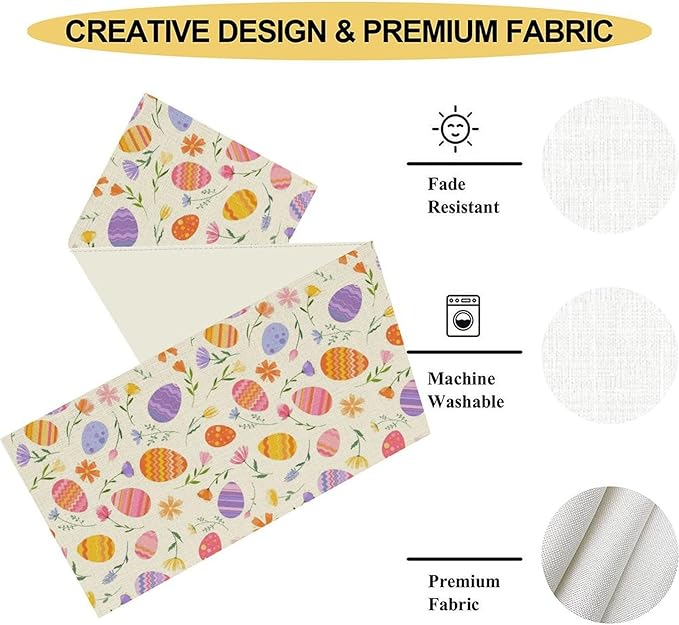 Easter Egg Table Runner,Colorful Egg Pattern Flowers Spring Summer Seasonal Table Center Decor for Family Kitchen and Living Room Outdoor Farmhouse Party Table Decorations, 13"x36"