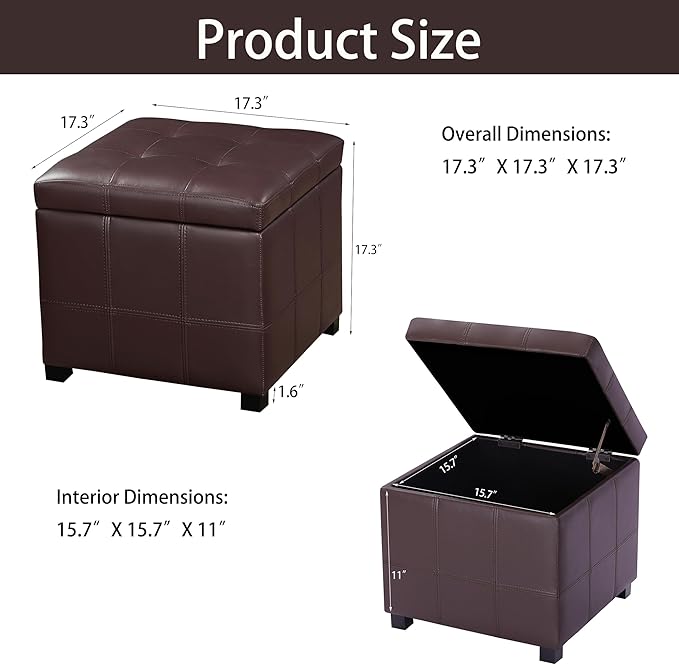 Homebeez Faux Leather Lift Top Storage Ottoman Bench with Solid Wood Frame & Tufted PU - 17.3 Inch Cube Footrest, Seat, with Metal Hinges for Living Room, Bedroom, Dorm | Coffee Brown