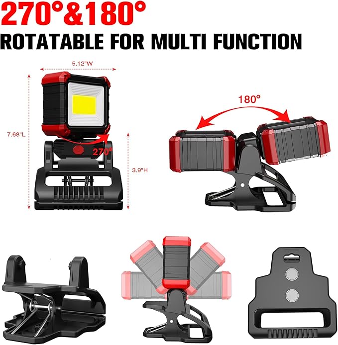 Yls 2pack LED Work Light, 2100LM Rechargeable COB Magnetic Clip on Work Light with 3 Light Modes, 270°& 180°Rotatable Portable Clamp Worklight for Car Repairs, Grilling, Camping, Emergency Use