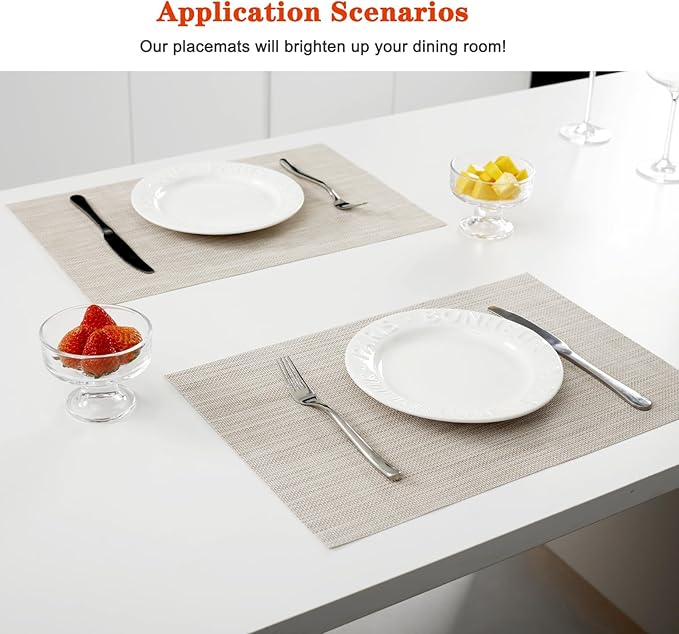 Placemats Set of 6,Washable,Heat and Stain Resistant Indoor/Outdoor Place mats,Vinyl Woven Non Slip Table Mats for Restaurant Table Protection,PVC Placemats(Beige White,6PCS)