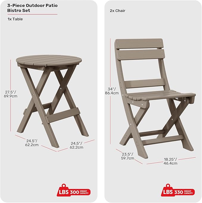 Costaelm Paradise 3-Piece Outdoor HDPE Folding Patio Bistro Table and Chairs, Weathered Wood