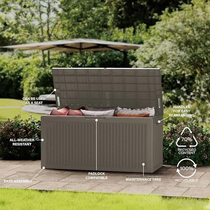 100 Gallon Resin Deck Box, Waterproof Outdoor Storage Box for Patio Furniture, Garden Tools, and Pool Accessories, Lockable UV-Resistant Storage Bin Bench Cabinet for Outside, Grey