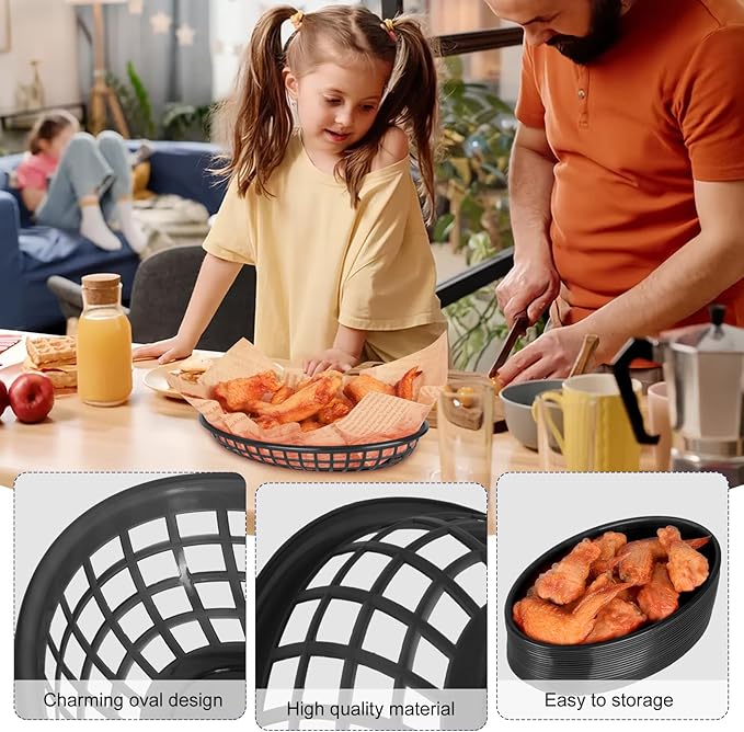 20 Pack Plastic Fast Food Baskets, 8.8" × 5.5" Small Oval Restaurant Serving Baskets Tray for Burgers, Sandwiches,Hot Dogs,Tacos,Parties, Food Trucks, Reusable or Disposable,Stackable(Black)