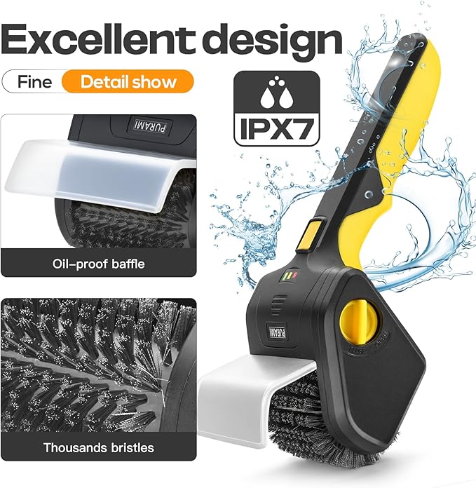 Battery Operated Grill Cleaner PURAMI Wireless Outdoor 360° Rotating Electric Grill Brush, Rechargeable Lithium 8V 700r/min Heavy Duty BBQ Accessories Scrubber