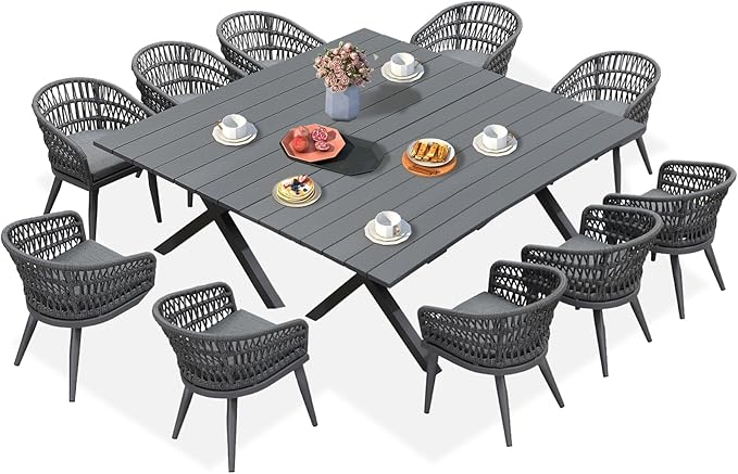 PURPLE LEAF 12 Pieces Outdoor Dining Set All-Weather PE Rattan Outdoor Patio Furniture Set with All Aluminum Frame Rectangular Table and Chairs Set for Lawn Garden Backyard Deck, Grey