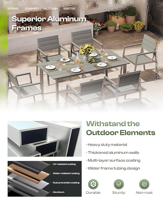 Outdoor Dining Set for 6, Patio Table and Chairs Set with Umbrella Hole, 7 Pieces HDPS + Aluminum Outdoor Furniture Sets for Patio, Garden (Gray & Teak)