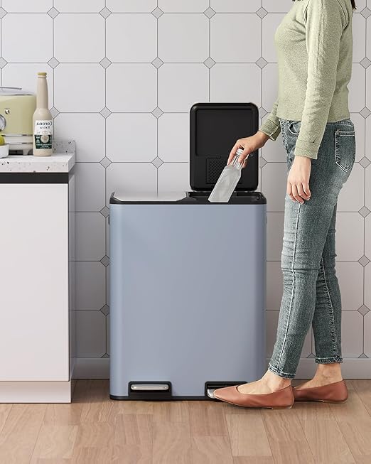 Arlopu 16Gal Dual Trash Can w/2 Built-in Box for Odor Control, Hands-Free Kitchen Garbage Bin, Recycle Waste Dustbin, Soft-Close Lid, 2 Buckets,Foot Pedal, Side Handle, Airtight,for Home (Haze Blue)