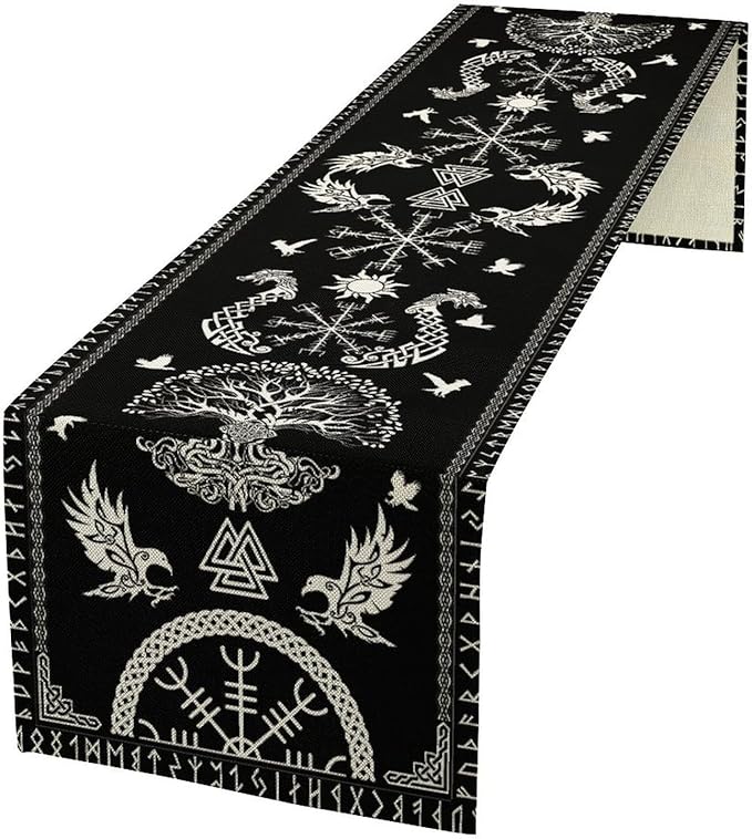 Viking Table Runner, Black Viking Tree of Life Raven Helmet of Awe Table Runner for Kitchen Dining Home Party 13x70in