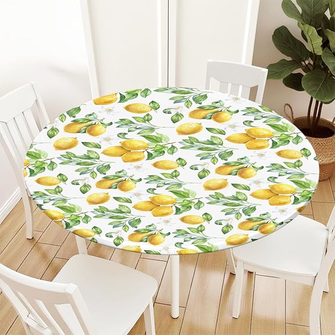 Lemon Round Fitted Tablecloth with Elastic Spring Summer Yellow Lemons Circle Table Cloth for 40-44" Round Tables Wipeable Waterproof Lemonade Party Farmhouse Table Cover for Picnic Dining Outdoor