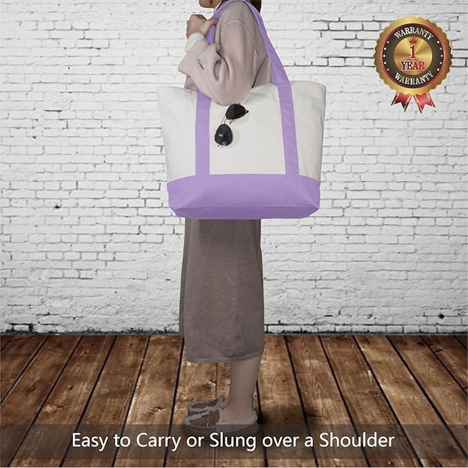 TOPDesign 6-Pack Canvas Tote Bags with an External Pocket, Reusable Grocery Shopping Bags, Top Zipper Closure, Daily Essentials (Lavender/Natural)
