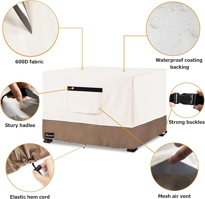 Fire Pit Cover Square, Outdoor Heavy Duty Durable 600D Tear-Resistant 100% Waterproof 42-44 Inch Fire Pit Cover, Patio Weatherproof Square Fire Table Protector, Beige 44" L x 44" W x 24" H