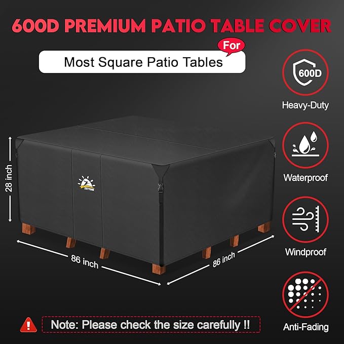 Zettum Patio Furniture Cover Square - 600D Outdoor Table Cover Waterproof & Heavy Duty, 86 Inch Large Lawn Furniture Set Covers for Outside Dining Table and Chairs Seating Combo - 86 x 86 x 28 Inch