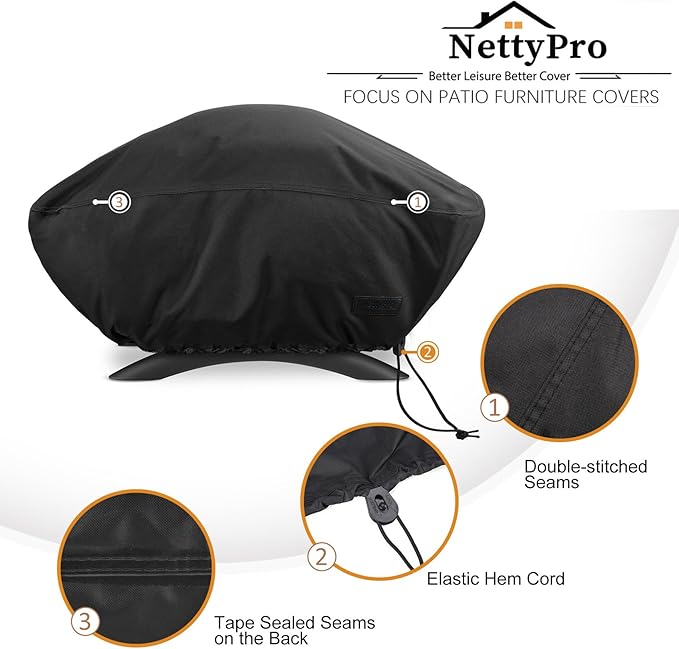 NettyPro Grill Cover for Small Q Series, Waterproof Heavy Duty UV Resistant Portable Grill Cover for Q 1400/1000 Series and Baby Q Gas, Black