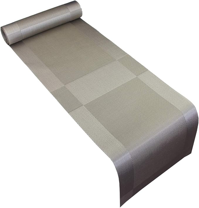 PIGCHCY Elegant Placemats with Matching Table Runner,Washable Placemats Crosswoven Vinyl Table mats Sets(6pcs Round Placemats+1pcs Table Runner,Grey Silver)