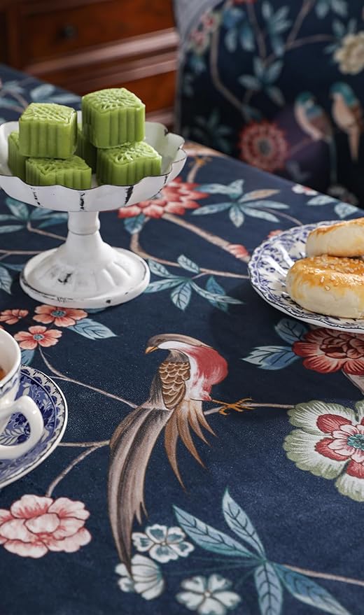 patdrea Designer Dark Blue Linen Rectangular Tablecloth,Vintage Navy French Floral and Birds Pattern Table Cloth,Decoration Table Cover for Kitchen,Dining,Tea Party,Home,Christmas,67"*118"