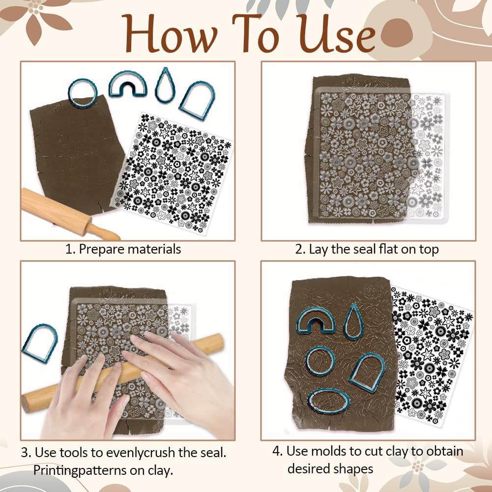 CHGCRAFT Polymer Clay Texture Sheets Cartoon Flowers Texture Stamp Sheets Silicone Texture Stamp Polymer Clay Texture Mat for Making Earrings Jewerly, Polymer Clay Earrings Tools