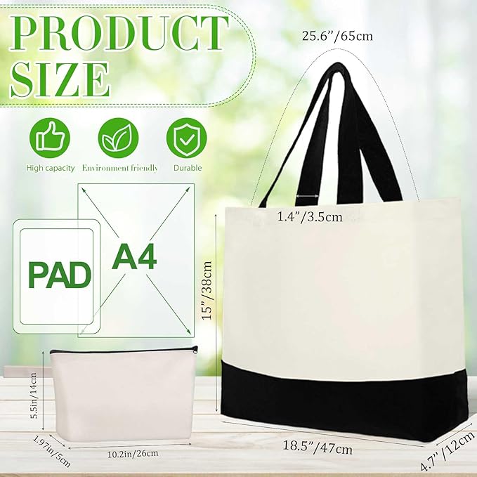 Sanwuta 24 Pcs Canvas Tote Bags Bulk with Zipper Cosmetic Bags 18.5" Cotton Canvas Bag with Handles Reusable Shopping Bags
