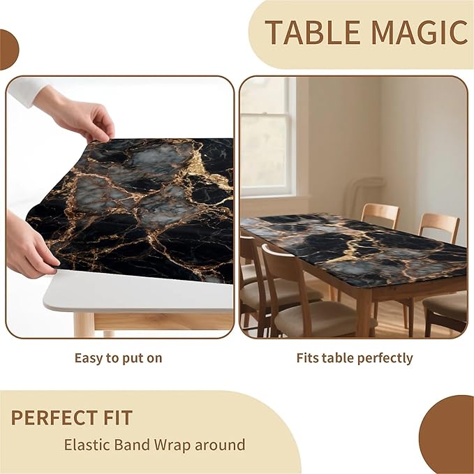 Rectangle Table Cloth Cover Waterproof Elastic Fitted Polyester Fitted Tablecloths for 4 Foot Tables for Indoor,Picnic, Camping, Outdoor （48" x 24"，Black Marble）