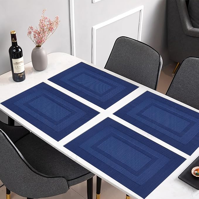PIGCHCY Placemats,Washable Woven Vinyl Placemats for Dining Table,Easy to Clean Plastic Durable Placemats Set of 6 (18 x 12 inchesches, Navy Blue)