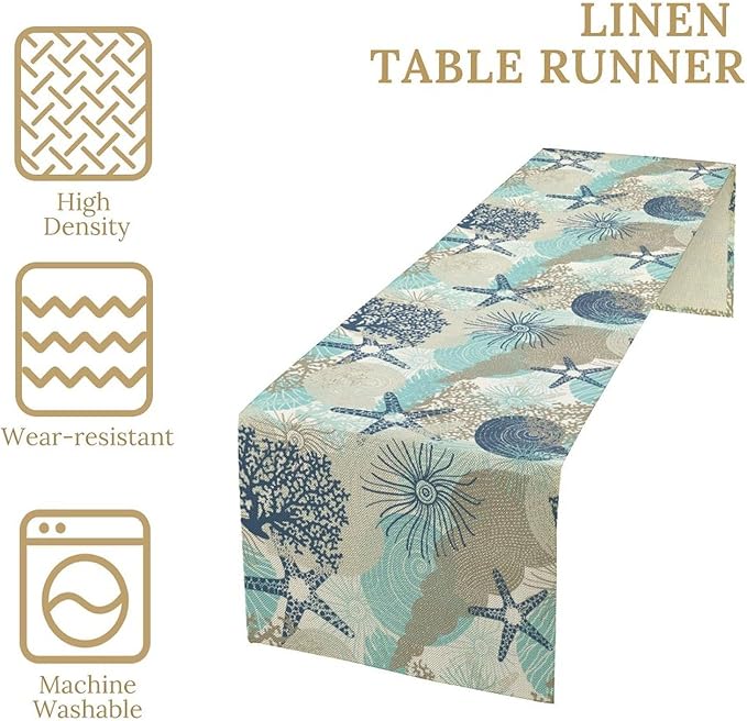 Marine Life Table Runner, Sea Underwater World Ocean Creature Table Runner for Dining Kitchen Party Holidays Home 13x108in