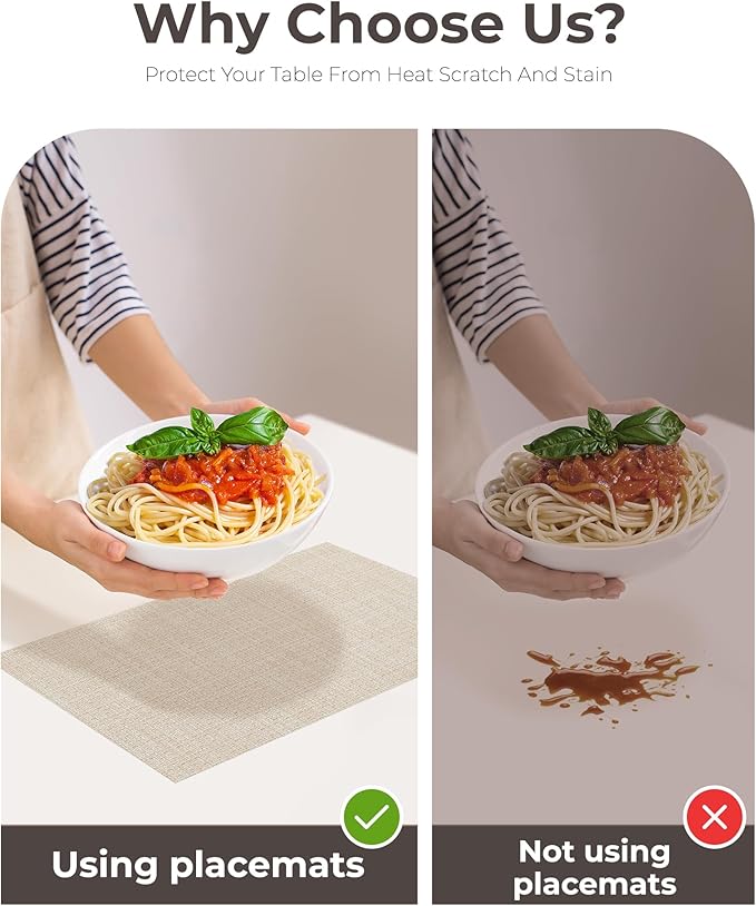 Leetaltree Beige Placemats Set of 6 - Heat Resistant Non-Slip Place mats for Dining Table, Washable Durable PVC Vinyl Woven Table Mats(Beige, 6)