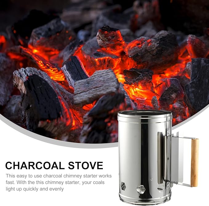 Luxshiny Outdoor Barbecue Charcoal Chimney Starter Bucket with Heat Shield and Wooden Handle Fire Starter for Quick Ignition Safe Odorless Grill Tool for Camping and Bbq Cooking