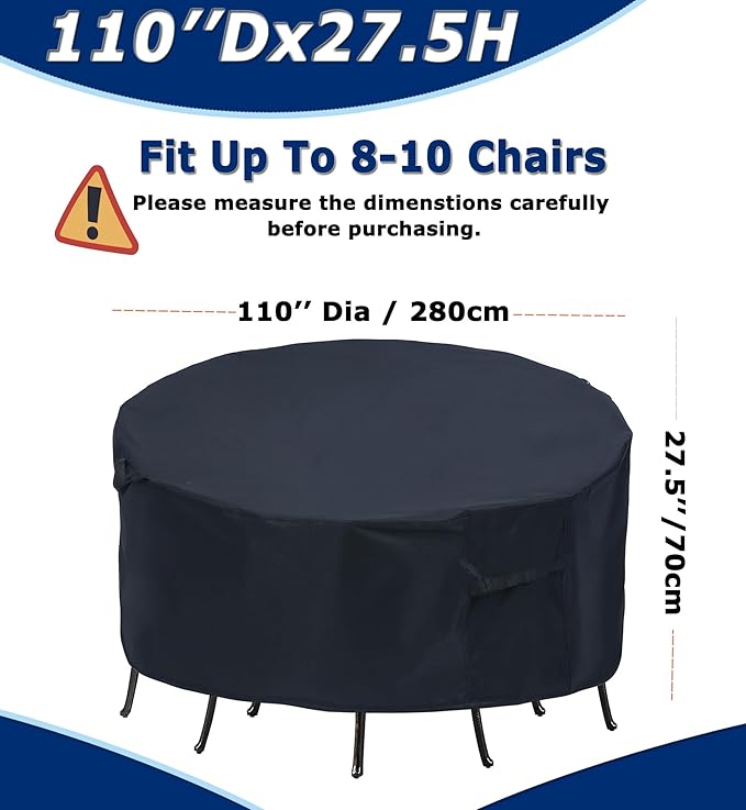 Round Patio Furniture Covers - 110" Dia Waterproof Table & Fire Pit Cover - Anti-Fading for Outdoor Dining Set