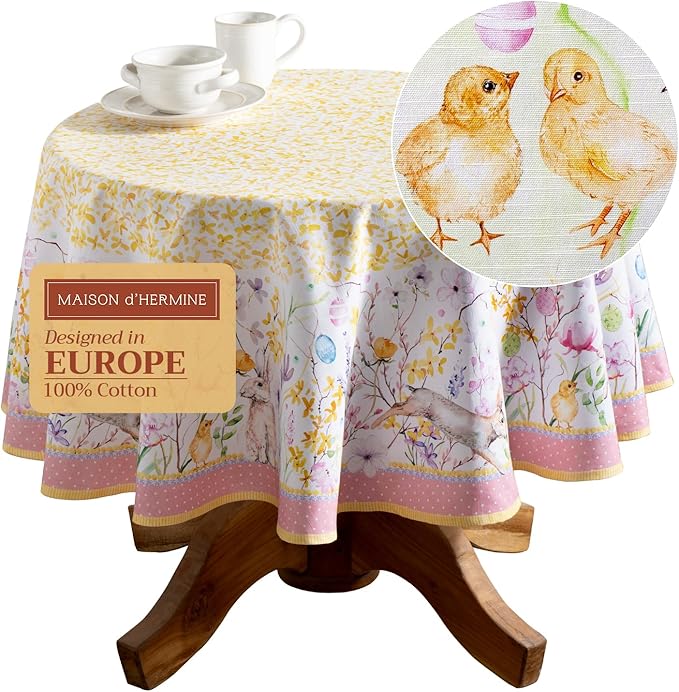 Maison d' Hermine Table Cloth Round Table 100% Cotton 63 Inches Tablecloth Reusable Decorative Everyday Use for Dining Room, Farmhouse, Home, Party, Festive & Wedding Spring Summer - Easter Zest
