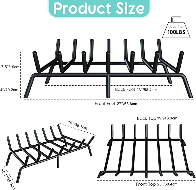 27-Inch Fireplace Grate, Heavy Duty 7-Bar Log Rack Holder Made of Solid Round Steel for Indoor/Outdoor Fire Pits, Wood Stoves & Kindling Tools