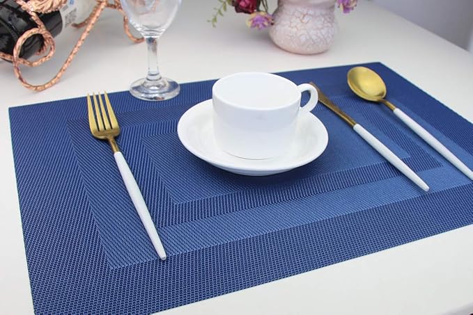 PIGCHCY Placemats,Washable Vinyl Woven Table Mats,Elegant Durable Placemats for Dining Table Set of 4 (18 x 12 inches, Navy Blue)