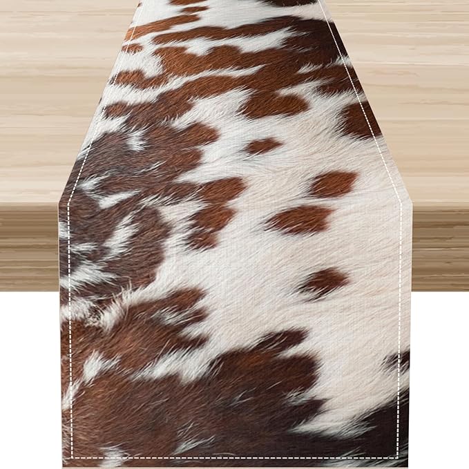 Cow Print Table Runner, Brown Cowhide Print Western Style Table Runner Country Farmhouse Cottage Cow Pattern Linen Table Decoration for Home Kitchen Dining 13x72