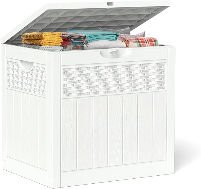ZYJOYY 33 Gallon Resin Deck Box, Weatherproof Outdoor Storage Box for Patio, Garden and Yard, Lockable Waterproof Bin for Tools, Cushions, and Accessories, White